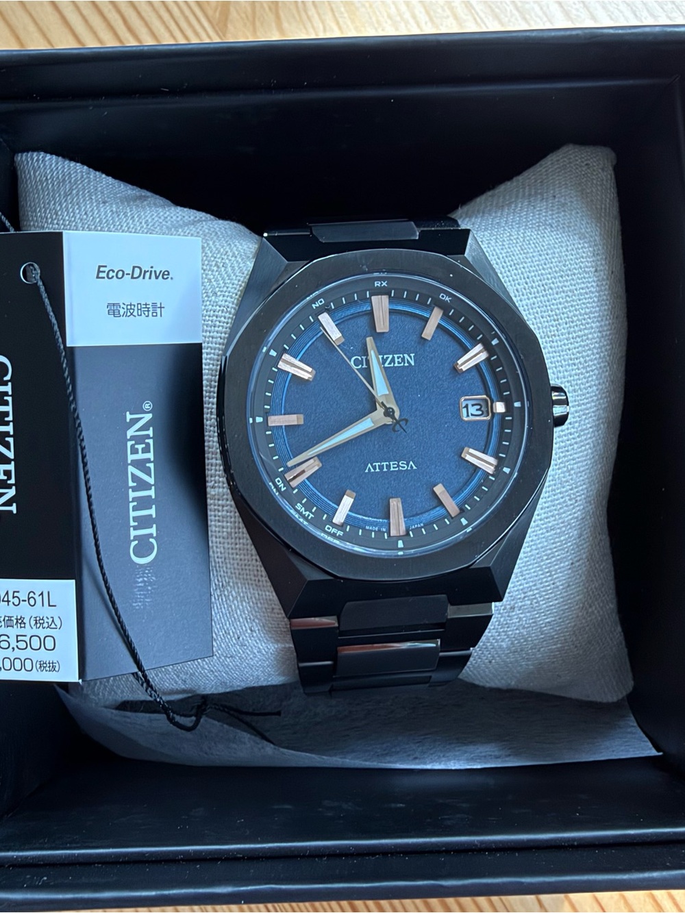 Citizen Attesa Black Bracelet Watch with Blue Dial and Rose Gold Accents